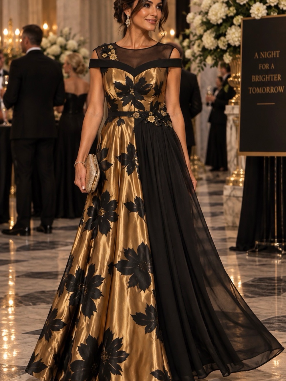 Elegant Black & Gold Evening Gown - Floral Satin Ball Dress  Old Hollywood Gala